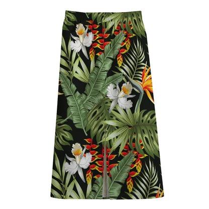 Hawaii Tropical Plants Pattern Print Cotton Front Slit Maxi Skirt