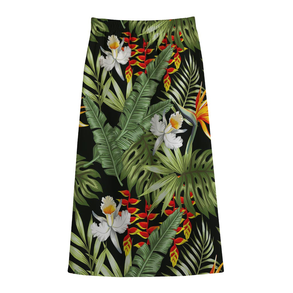 Hawaii Tropical Plants Pattern Print Cotton Front Slit Maxi Skirt