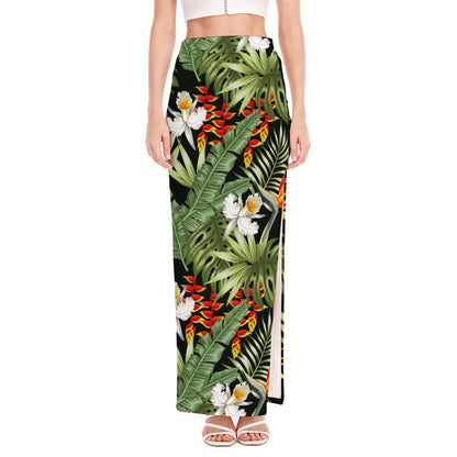 Hawaii Tropical Plants Pattern Print High Slit Maxi Skirt