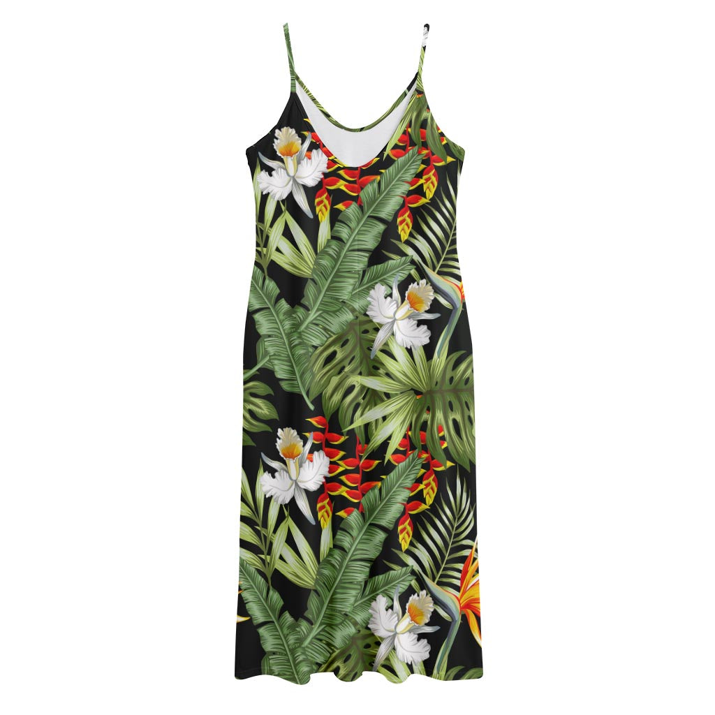 Hawaii Tropical Plants Pattern Print Jersey Midi Cami Dress