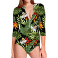 Hawaii Tropical Plants Pattern Print Long Sleeve Swimsuit