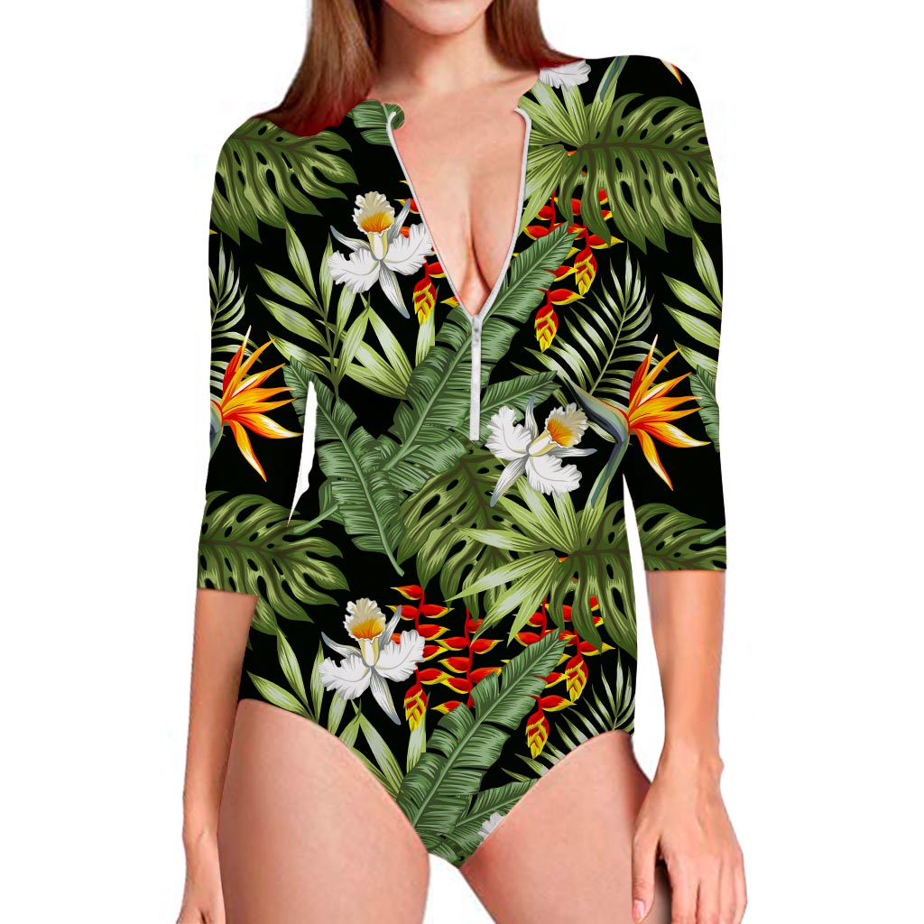 Hawaii Tropical Plants Pattern Print Long Sleeve Swimsuit