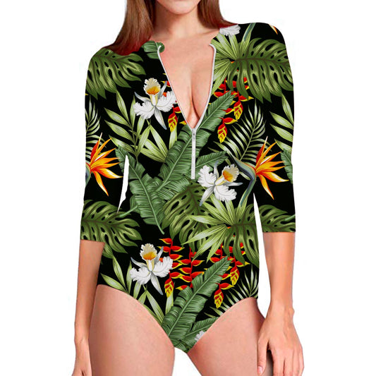 Hawaii Tropical Plants Pattern Print Long Sleeve Swimsuit