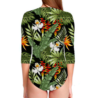 Hawaii Tropical Plants Pattern Print Long Sleeve Swimsuit