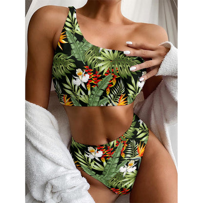 Hawaii Tropical Plants Pattern Print One Shoulder Bikini Top