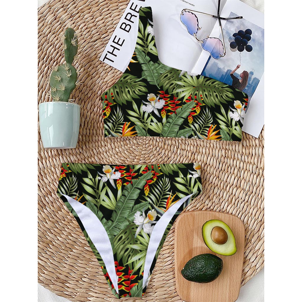 Hawaii Tropical Plants Pattern Print One Shoulder Bikini Top