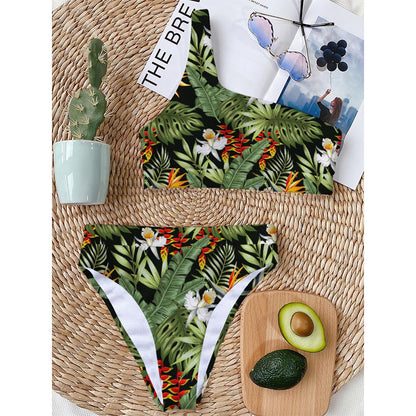 Hawaii Tropical Plants Pattern Print One Shoulder Bikini Top