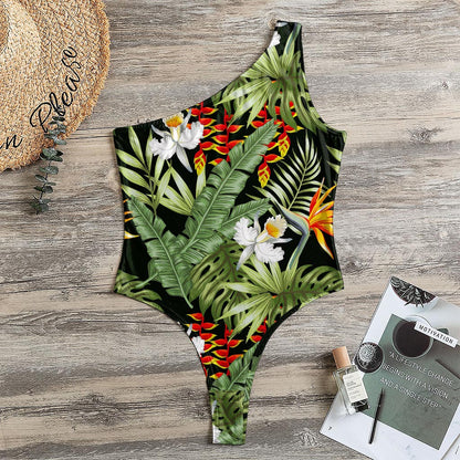 Hawaii Tropical Plants Pattern Print One Shoulder Bodysuit