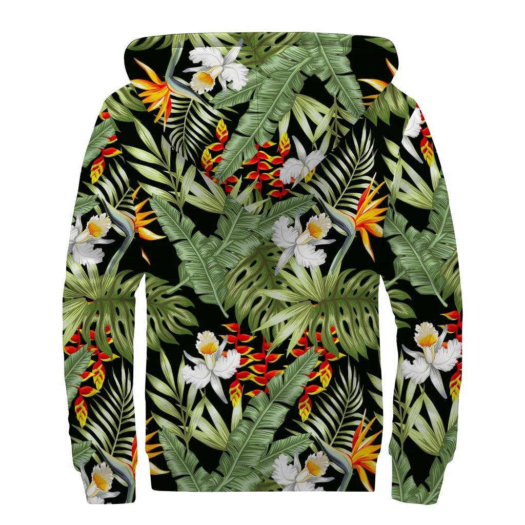 Hawaii Tropical Plants Pattern Print Sherpa Lined Zip Up Hoodie
