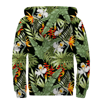 Hawaii Tropical Plants Pattern Print Sherpa Lined Zip Up Hoodie