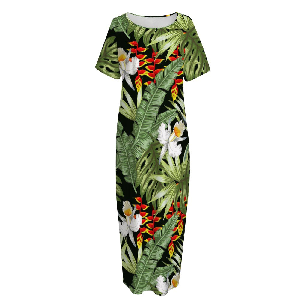 Hawaii Tropical Plants Pattern Print Short Sleeve Long Nightdress