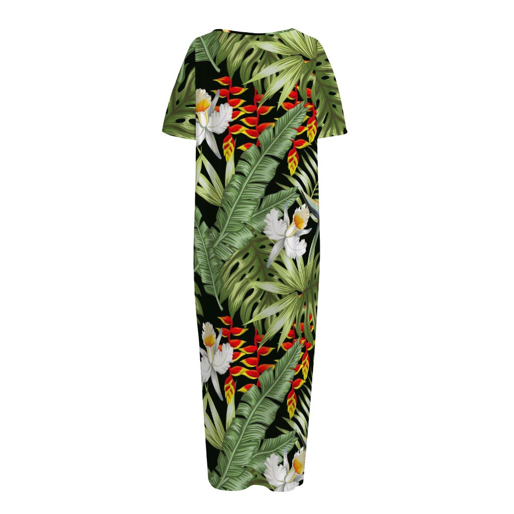 Hawaii Tropical Plants Pattern Print Short Sleeve Long Nightdress