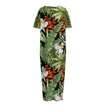 Hawaii Tropical Plants Pattern Print Short Sleeve Long Nightdress