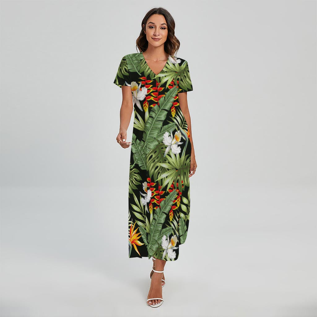 Hawaii Tropical Plants Pattern Print Short Sleeve Maxi Dress