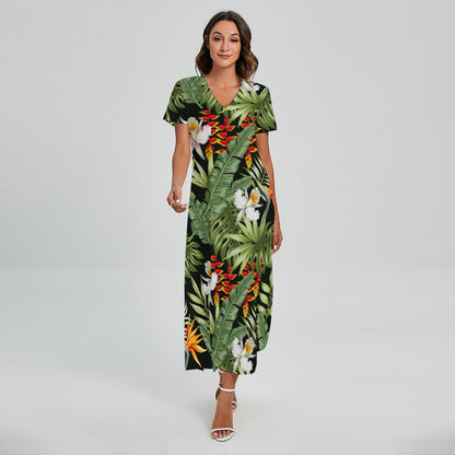 Hawaii Tropical Plants Pattern Print Short Sleeve Maxi Dress