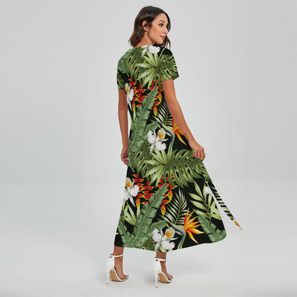 Hawaii Tropical Plants Pattern Print Short Sleeve Maxi Dress