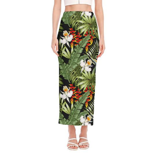 Hawaii Tropical Plants Pattern Print Side Slit Maxi Skirt