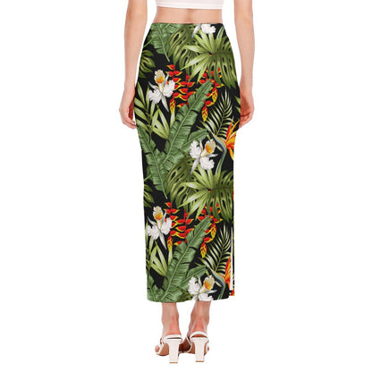 Hawaii Tropical Plants Pattern Print Side Slit Maxi Skirt