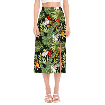 Hawaii Tropical Plants Pattern Print Side Slit Midi Skirt