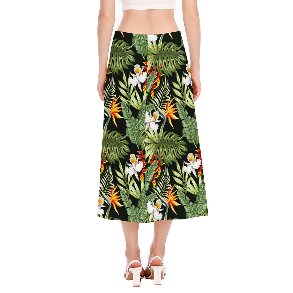 Hawaii Tropical Plants Pattern Print Side Slit Midi Skirt