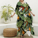 Hawaii Tropical Plants Pattern Print Silk V-Neck Kaftan Dress