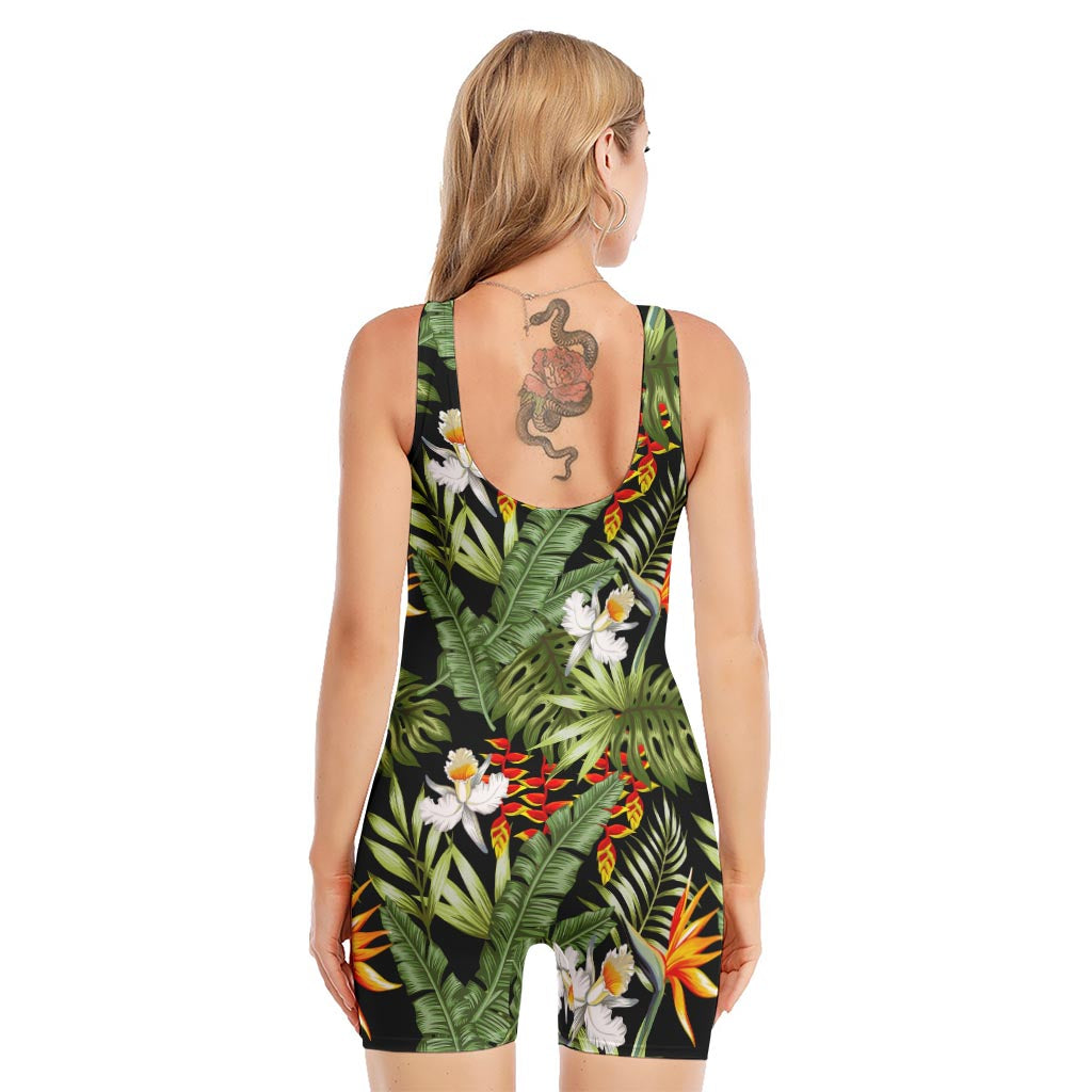 Hawaii Tropical Plants Pattern Print Sleeveless One Piece Swimsuit