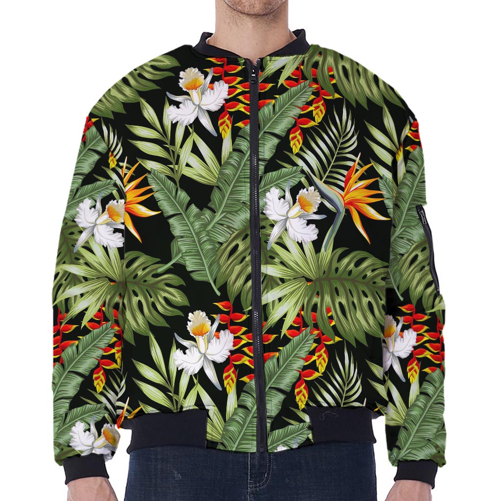Hawaii Tropical Plants Pattern Print Zip Sleeve Bomber Jacket