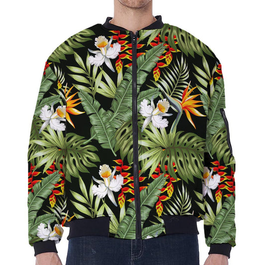 Hawaii Tropical Plants Pattern Print Zip Sleeve Bomber Jacket
