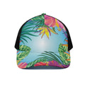 Hawaiian Aloha Flower Print Black Mesh Trucker Hat