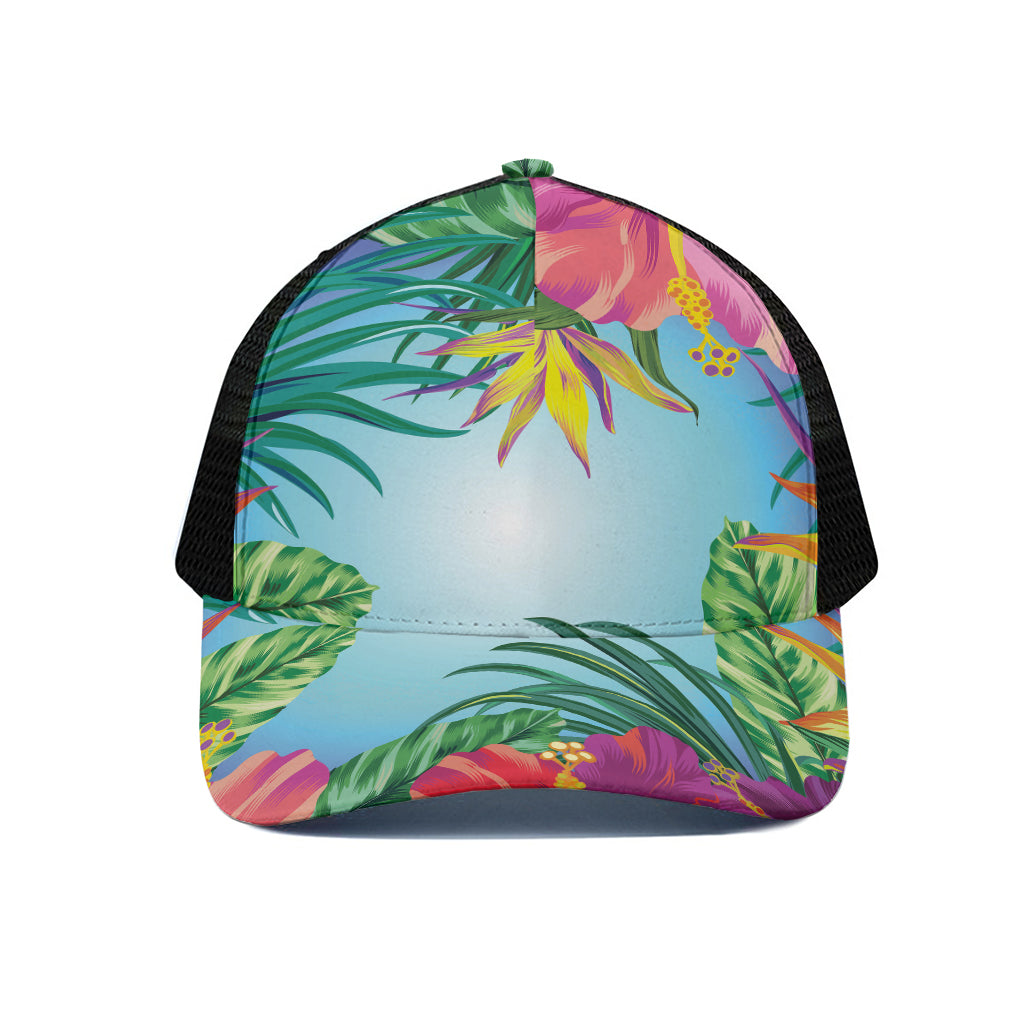 Hawaiian Aloha Flower Print Black Mesh Trucker Cap
