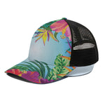 Hawaiian Aloha Flower Print Black Mesh Trucker Cap