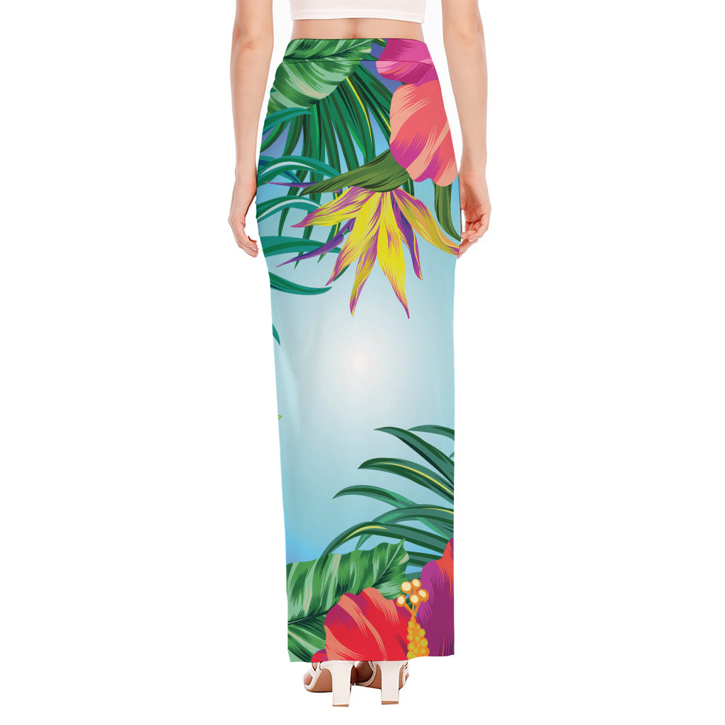 Hawaiian Aloha Flower Print High Slit Maxi Skirt