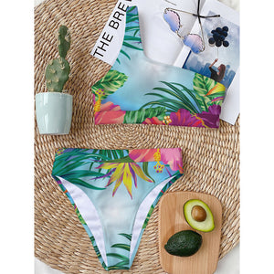 Hawaiian Aloha Flower Print One Shoulder Bikini Top