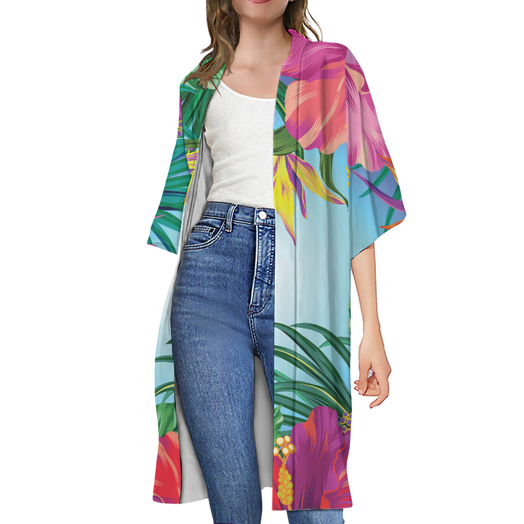 Hawaiian Aloha Flower Print Open Front Beach Cover Up