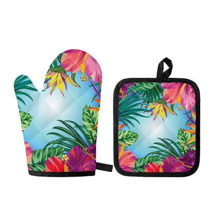 Hawaiian Aloha Flower Print Oven Mitt And Pot Holder Set