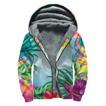 Hawaiian Aloha Flower Print Sherpa Lined Zip Up Hoodie