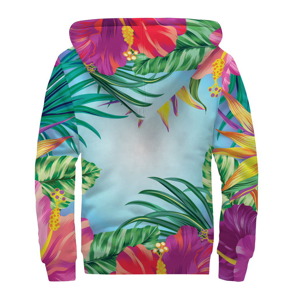 Hawaiian Aloha Flower Print Sherpa Lined Zip Up Hoodie