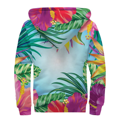 Hawaiian Aloha Flower Print Sherpa Lined Zip Up Hoodie