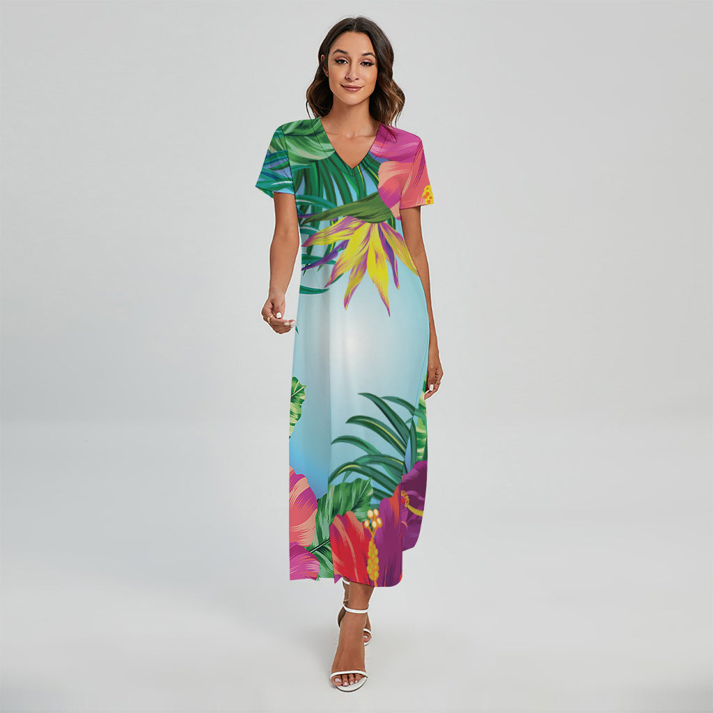 Hawaiian Aloha Flower Print Short Sleeve Maxi Dress