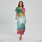 Hawaiian Aloha Flower Print Short Sleeve Maxi Dress