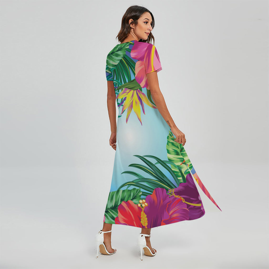 Hawaiian Aloha Flower Print Short Sleeve Maxi Dress