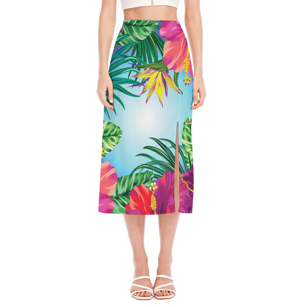 Hawaiian Aloha Flower Print Side Slit Midi Skirt