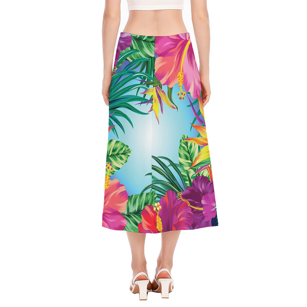 Hawaiian Aloha Flower Print Side Slit Midi Skirt