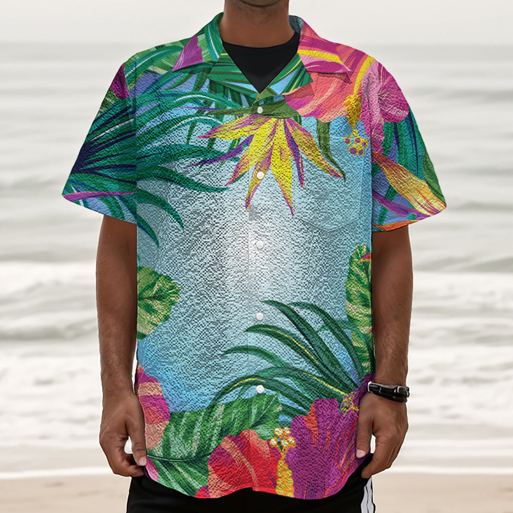 Hawaiian Aloha Flower Print Textured Short Sleeve Shirt