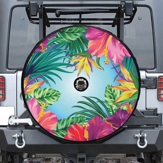 Hawaiian Aloha Flower Print Tire Cover With Camera Hole