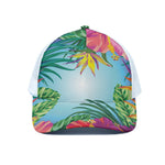 Hawaiian Aloha Flower Print White Mesh Trucker Cap