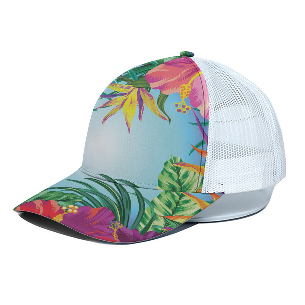 Hawaiian Aloha Flower Print White Mesh Trucker Cap