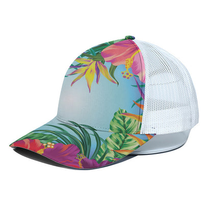 Hawaiian Aloha Flower Print White Mesh Trucker Cap