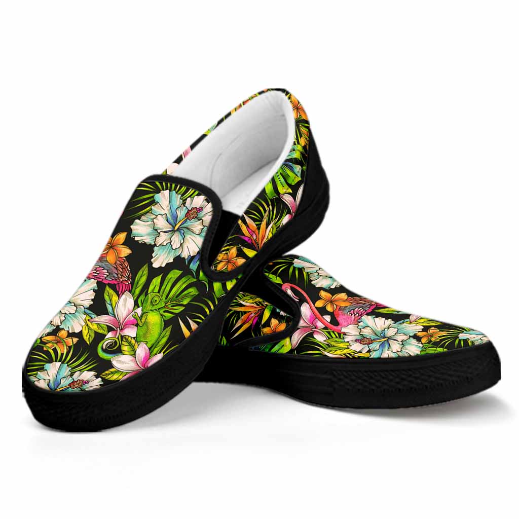 Hawaiian Aloha Tropical Pattern Print Black Slip On Sneakers