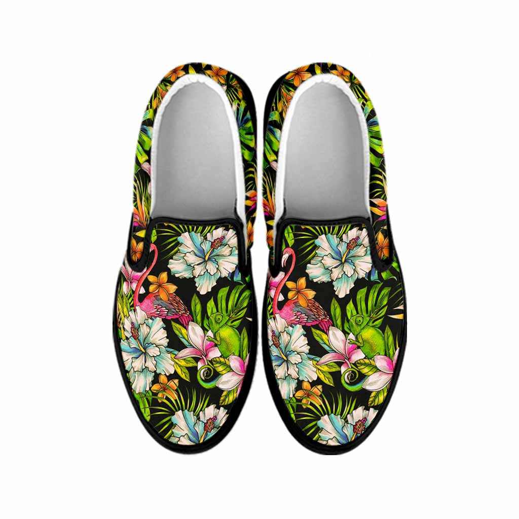 Hawaiian Aloha Tropical Pattern Print Black Slip On Sneakers
